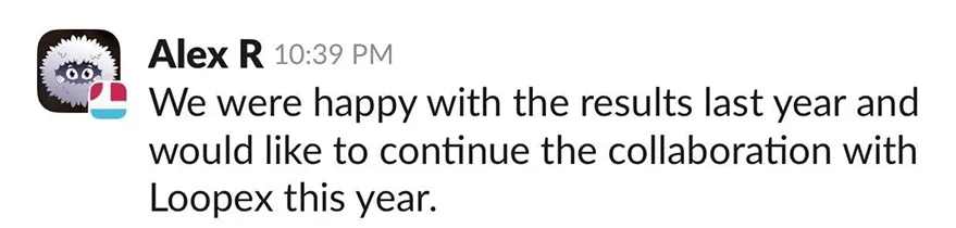 Client message from Alex expressing happiness with results